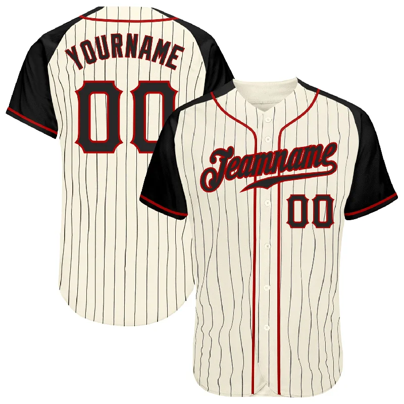 Custom Baseball Jerseys For Alumni-Custom Cream Black Pinstripe Black-Red Authentic Raglan Sleeves Baseball Jersey