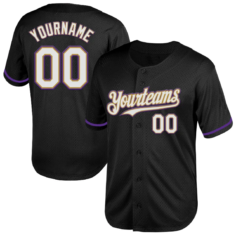 Baseball Jerseys For Charity Events-Custom Black White Old Gold-Purple Mesh Authentic Throwback Baseball Jersey