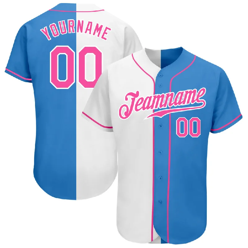 Baseball Jerseys With Stylish Patterns-Custom Powder Blue Pink-White Authentic Split Fashion Baseball Jersey