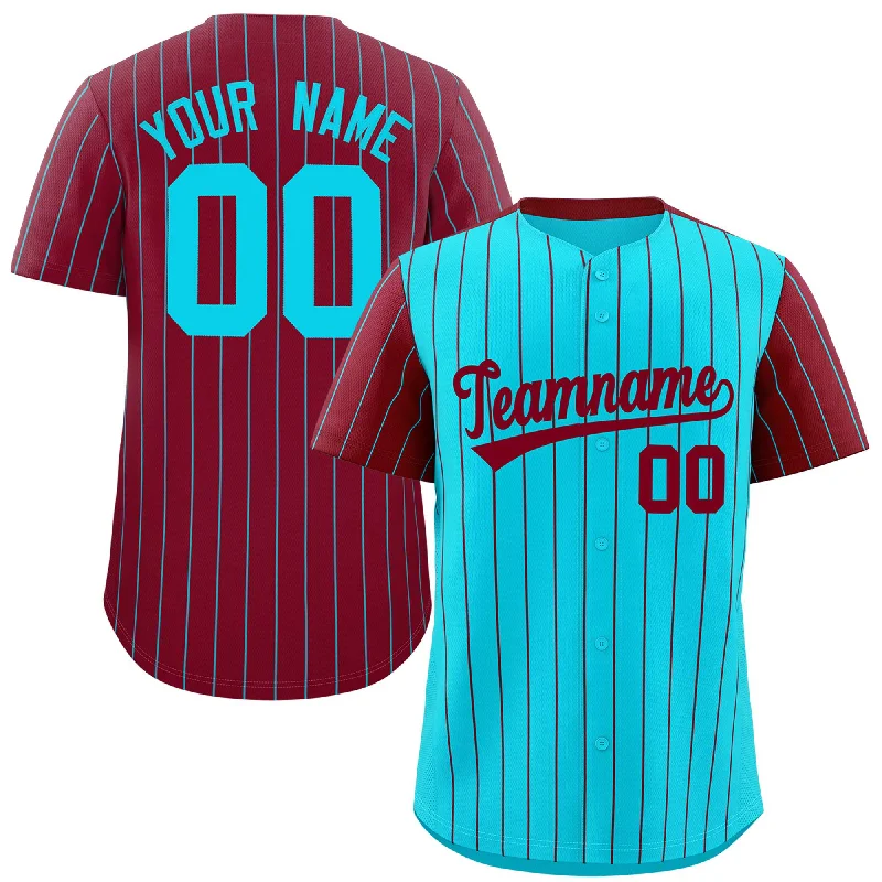 Baseball Jerseys With Custom Embroidered Names-Custom Sky Blue Crimson Pinstripe Personalized Raglan Sleeves Authentic Baseball Jersey