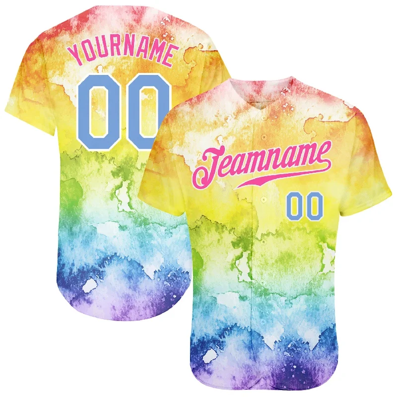 Personalized Baseball Jerseys For Couples-Custom Tie Dye Light Blue-Pink 3D Rainbow Authentic Baseball Jersey