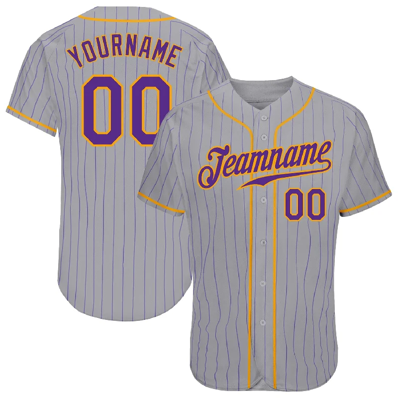 Team Spirit Baseball Jerseys-Custom Gray Purple Pinstripe Purple-Gold Authentic Baseball Jersey