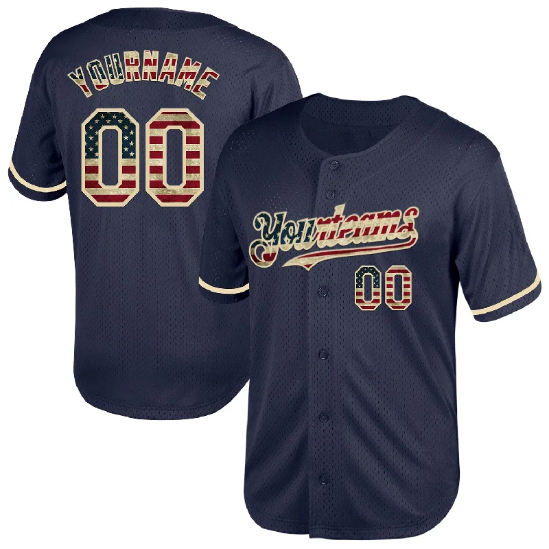 Personalized Baseball Jerseys With Custom Fabric-Custom Navy Vintage USA Flag-Cream Mesh Authentic Throwback Baseball Jersey