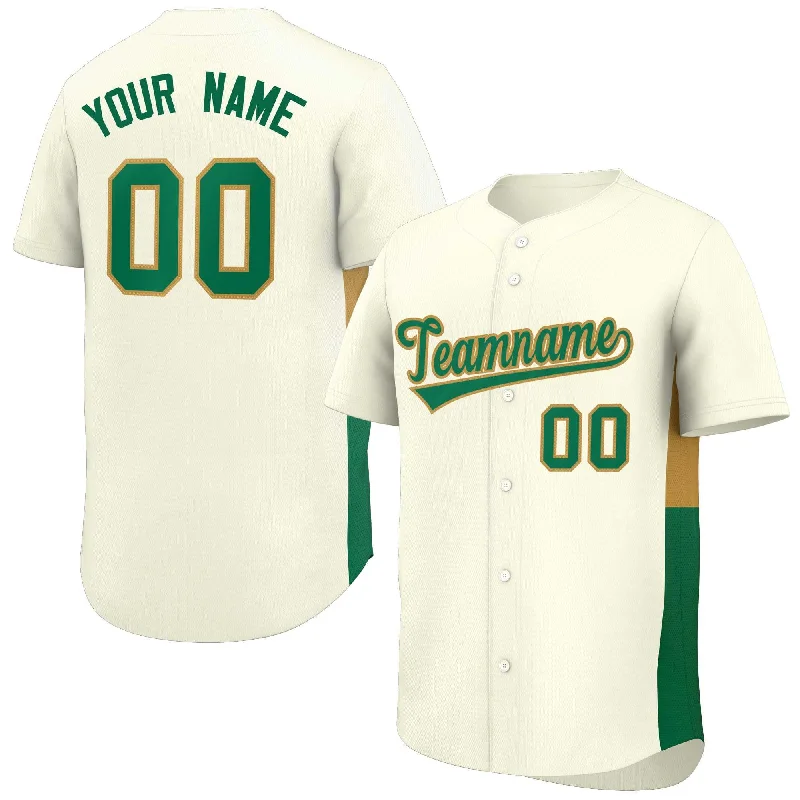 Baseball Jerseys With Team Logos-Custom Cream Kelly Green-Old Gold Personalized Side Two-Tone Design Authentic Baseball Jersey