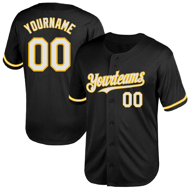 Baseball Jerseys For Boys With Numbers-Custom Black White-Gold Mesh Authentic Throwback Baseball Jersey