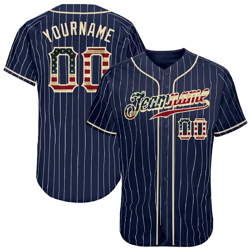 Baseball Jerseys For Special Group Discounts-Custom Navy White Pinstripe Vintage USA Flag-Cream Authentic Baseball Jersey