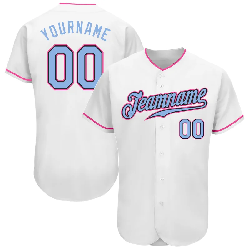 Custom Embroidered Baseball Jerseys-Custom White Light Blue Black-Pink Authentic Baseball Jersey