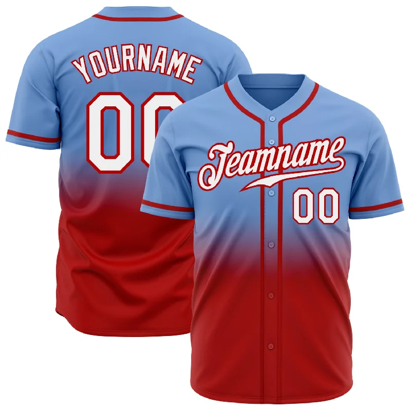 Soft Fabric Baseball Jerseys-Custom Light Blue White-Red Authentic Fade Fashion Baseball Jersey