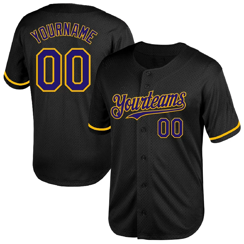 Custom Baseball Jerseys For Charity-Custom Black Dark Purple-Gold Mesh Authentic Throwback Baseball Jersey