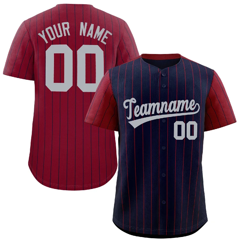 Baseball Jerseys For Adult Leagues-Custom Navy Crimson Pinstripe Personalized Raglan Sleeves Authentic Baseball Jersey