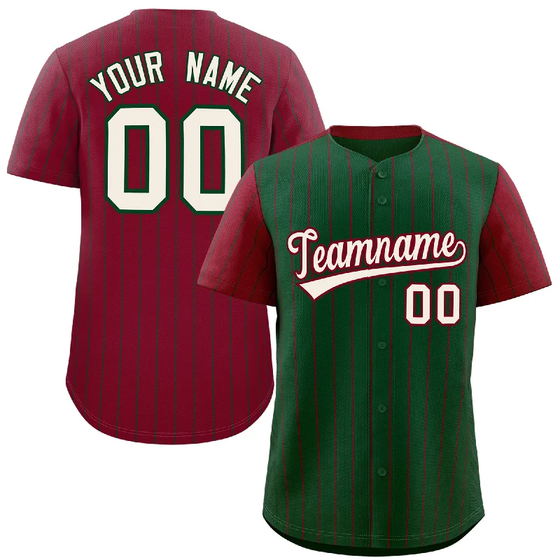 Baseball Jerseys With Unique Patterns-Custom Green Crimson Pinstripe Personalized Raglan Sleeves Authentic Baseball Jersey