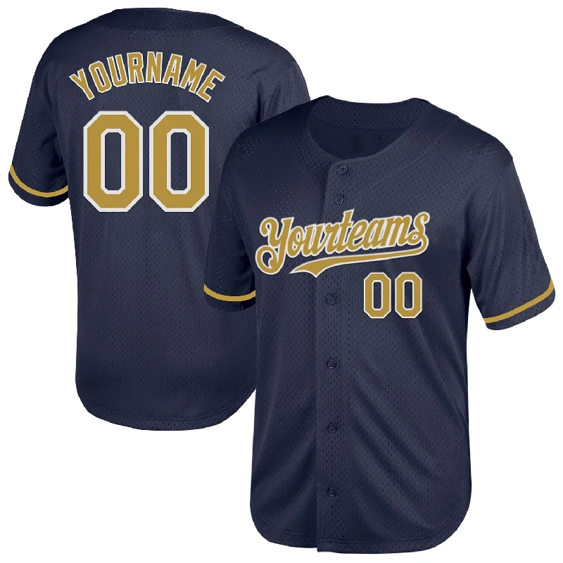 Professional Baseball Jerseys With Logos-Custom Navy Old Gold-White Mesh Authentic Throwback Baseball Jersey