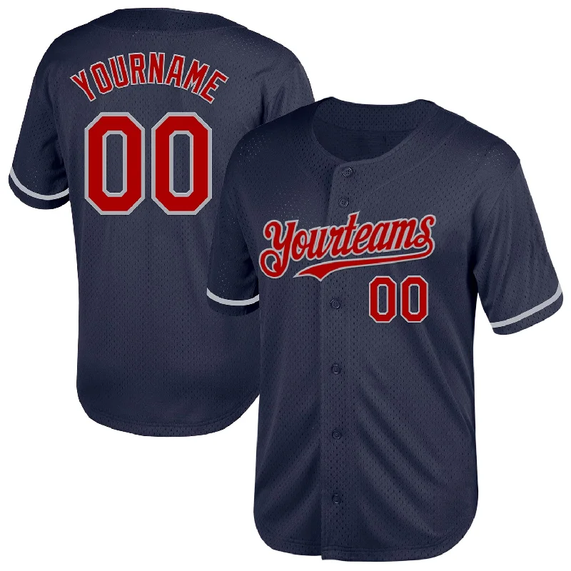 Premium Custom Baseball Jerseys-Custom Navy Red-Gray Mesh Authentic Throwback Baseball Jersey