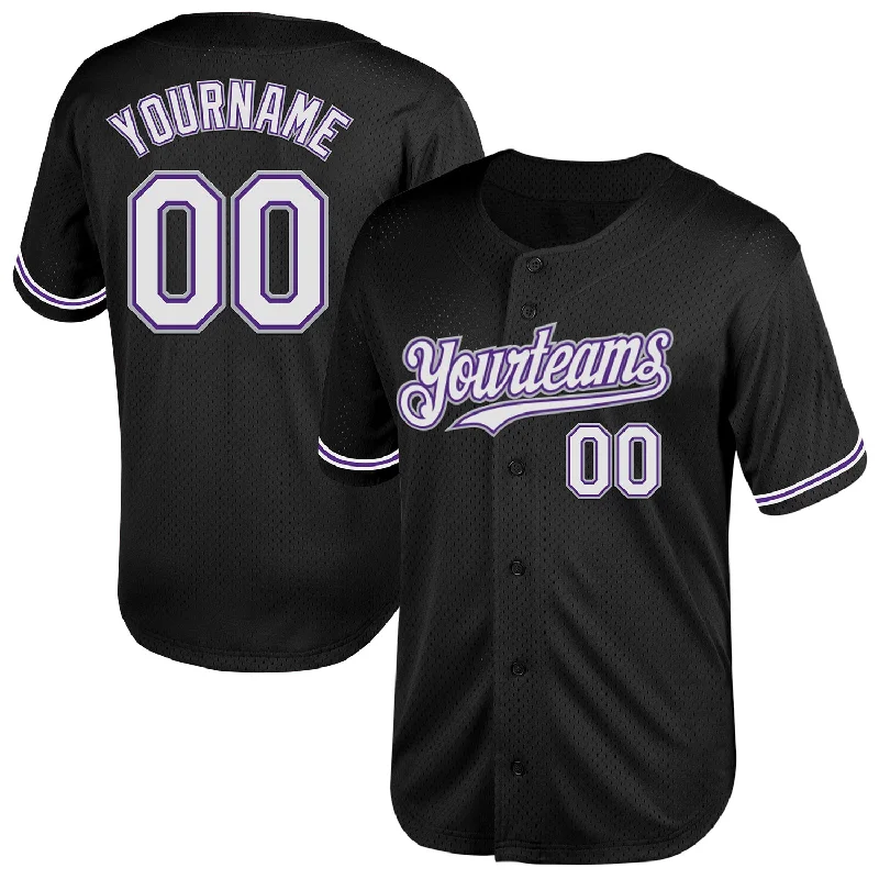 Custom Baseball Jerseys For Coaches-Custom Black Purple-Gray Mesh Authentic Throwback Baseball Jersey