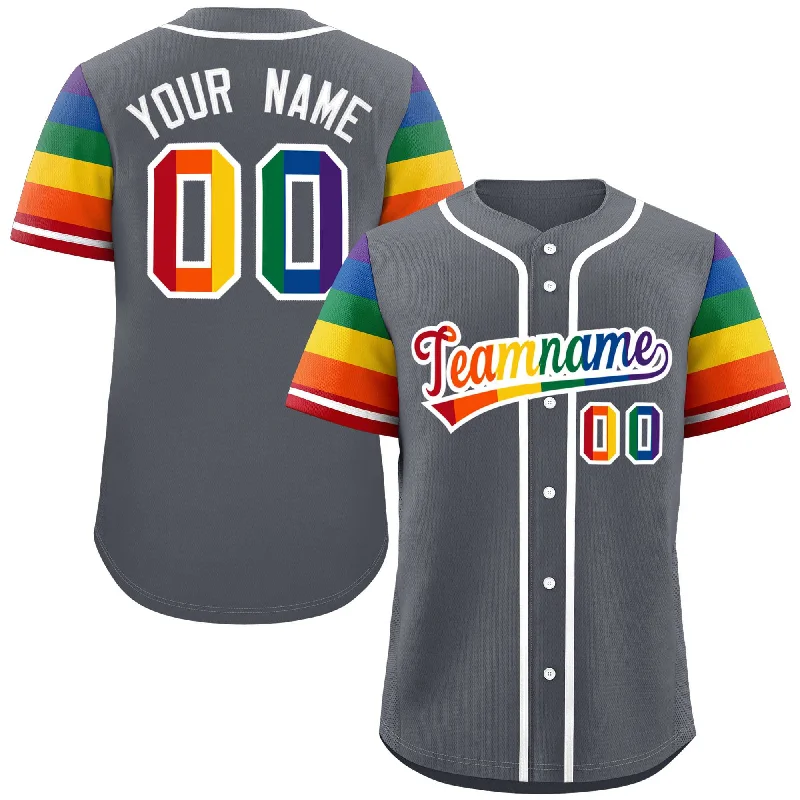 Professional Baseball Jerseys-Custom Dark Gray LGBT Rainbow For Pride Month Raglan Sleeves Authentic Baseball Jersey